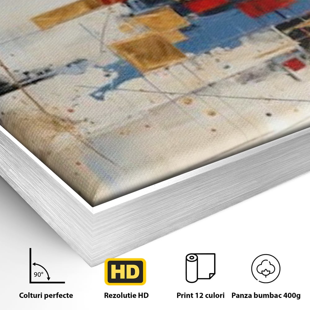 Detaliu al suprafetei: tablou abstract cu cerc rosu si linii, in rama de aluminiu argintiu